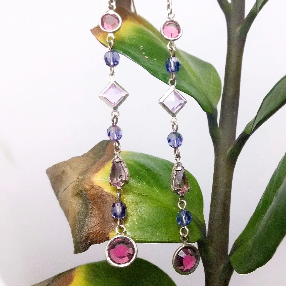 Vintage Sterling Amethyst & Pink Quartz Long Earrings - Picture 1 of 8